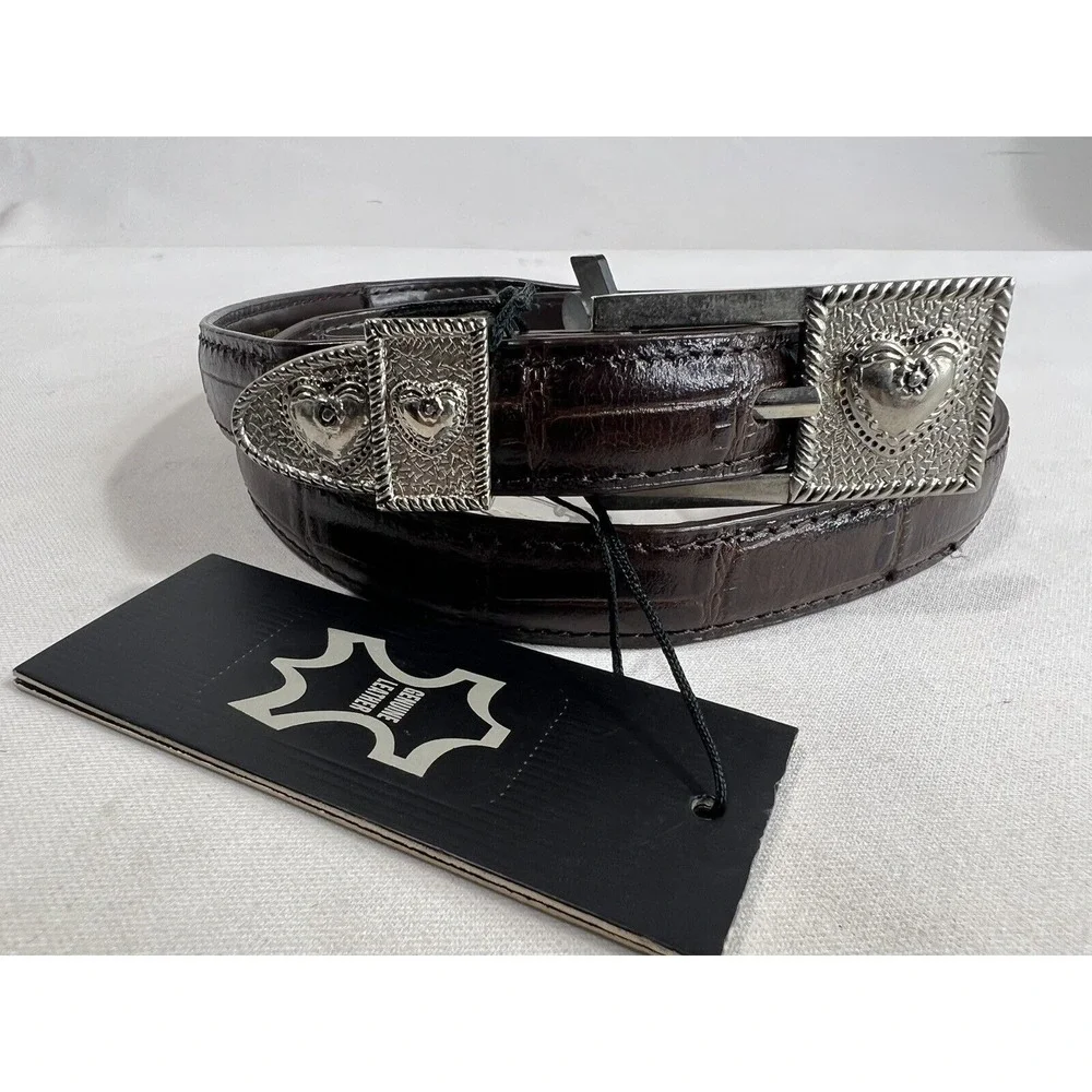 Mak Chantal Skinny Belt Womens L‎ Brown Leather Western Silver Buckle New
